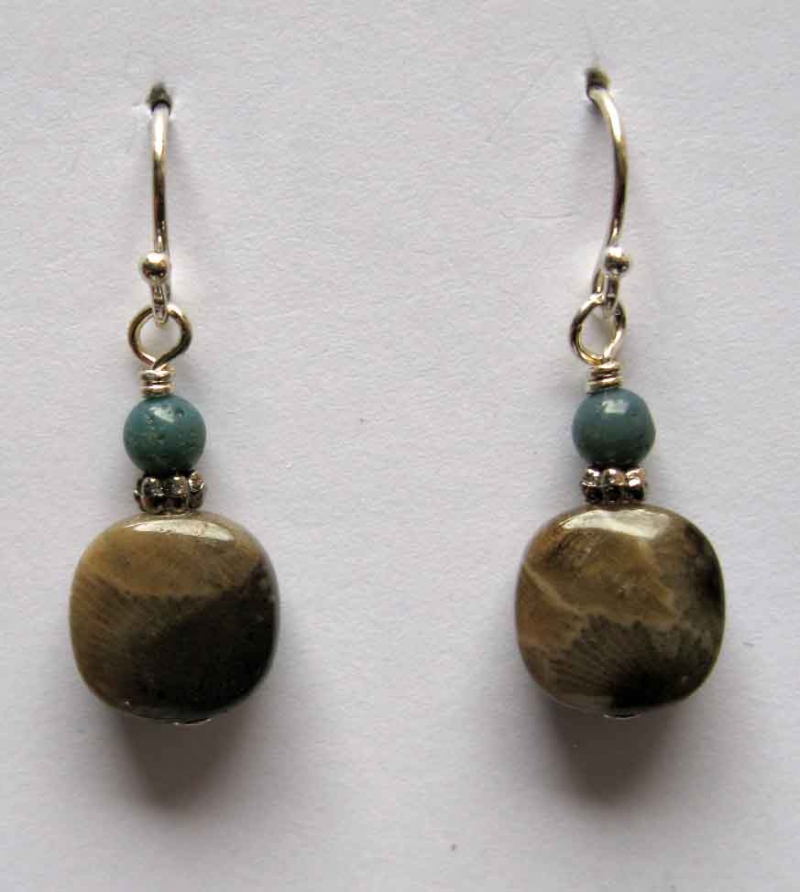Small Square Petoskey Stone Earrings with Leland Blue
